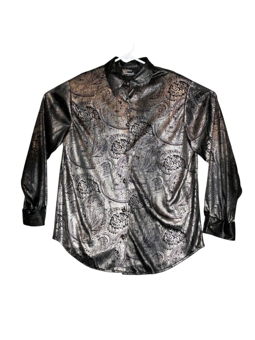 Silver Threads Metallic Paisley Button-Up Shirt Small Black & Silver Long Sleeve